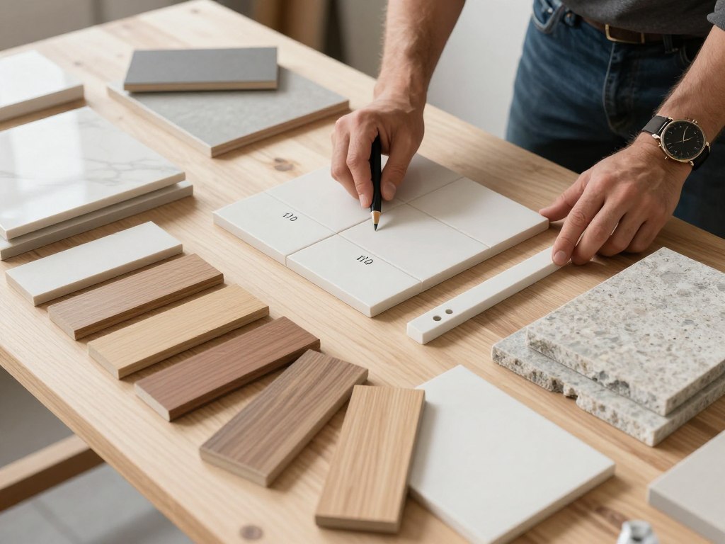 Auswahl verschiedener Baumaterialien und Fliesen für Sanierungsprojekt