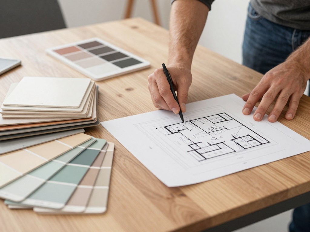 Bauherr plant Renovierung mit Unterlagen und Mustern