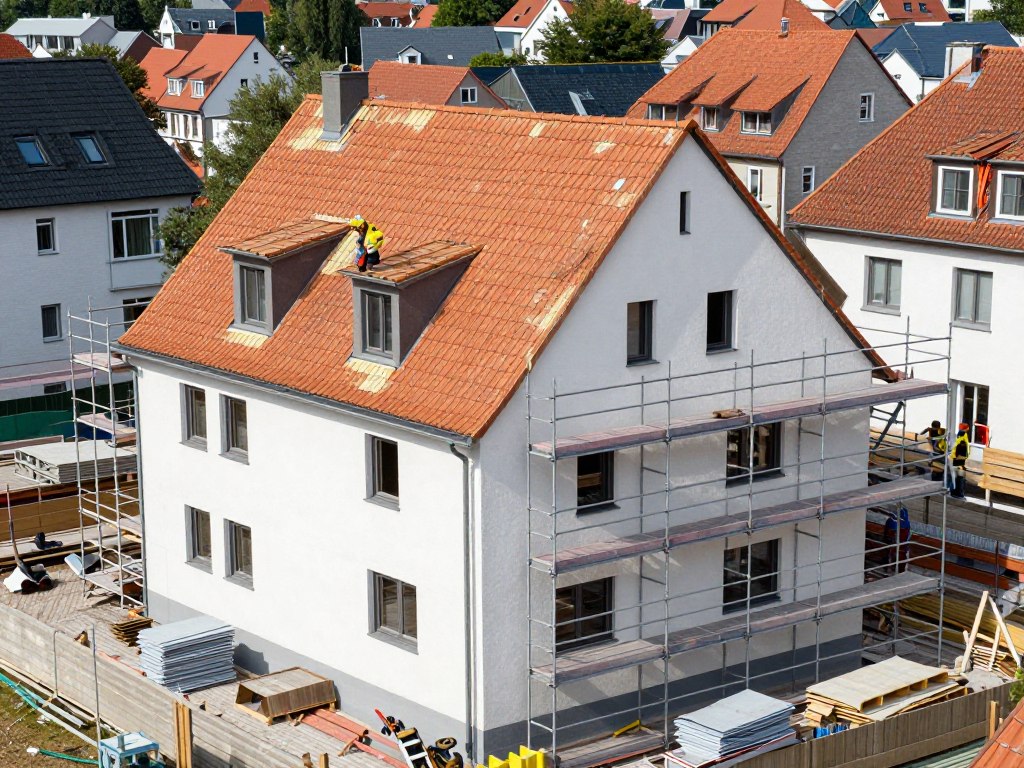 Baustelle zeigt Sanierungsarbeiten an Dach und Fassade eines Wohnhauses in Oldenburg Baustelle zeigt Sanierungsarbeiten an Dach und Fassade eines Wohnhauses in Oldenburg