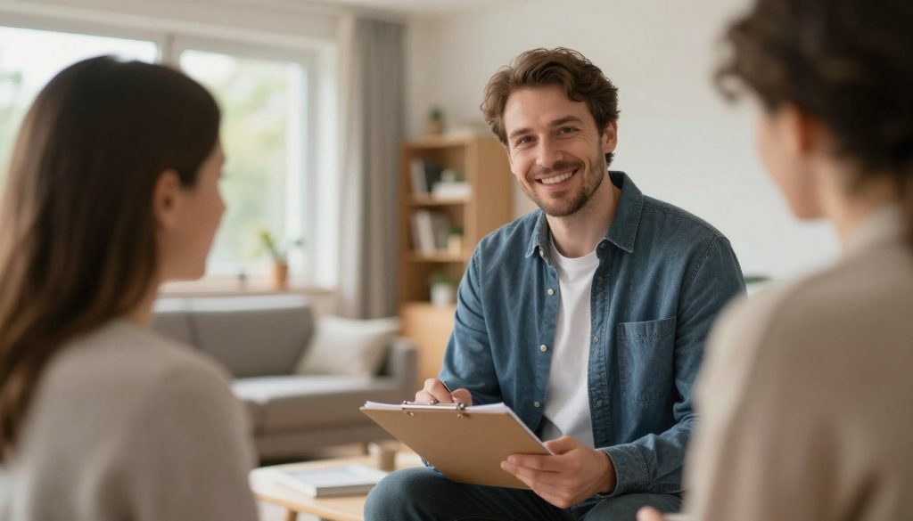 Berater im Gespräch mit Hausbesitzern vor Ort, Notizen, freundliche Atmosphäre, Norddeutschland