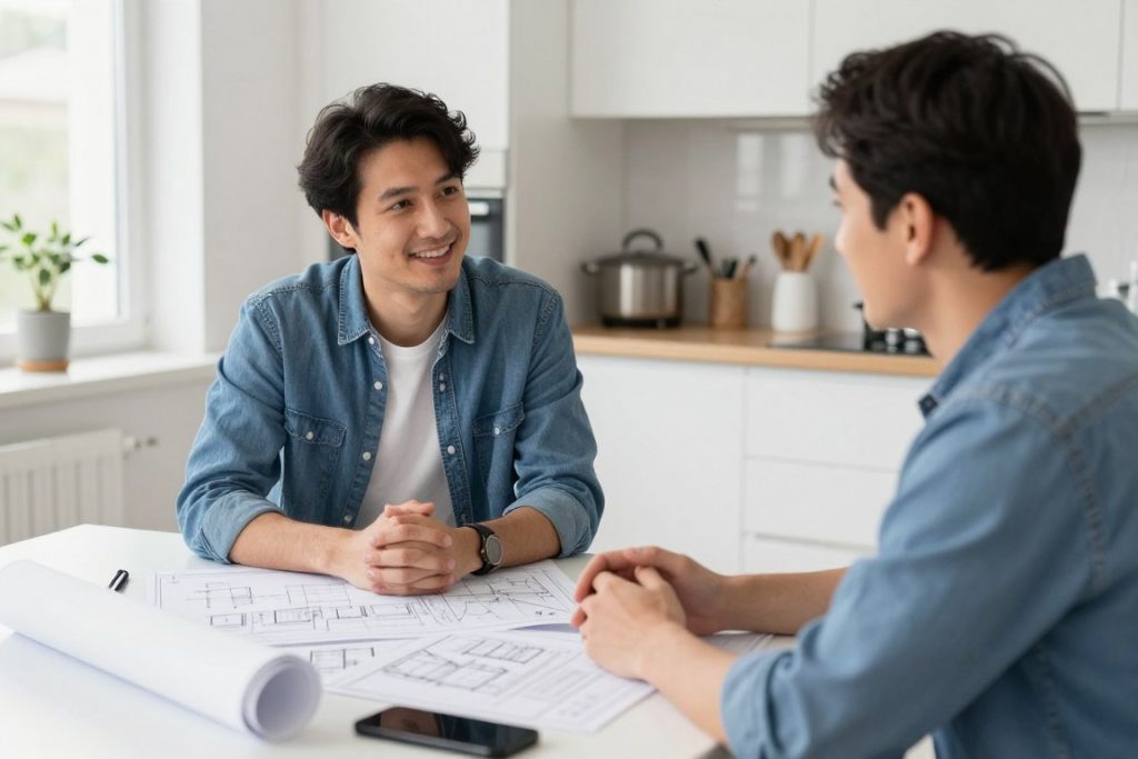 Beratungsgespräch zwischen Hausbesitzer und Heizungsbauer