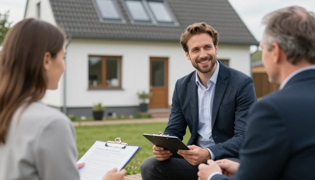Beratungsgespräch zwischen Werklotse Mitarbeiter und Hauseigentümer vor Ort in Hude Beratungsgespräch zwischen Werklotse Mitarbeiter und Hauseigentümer vor Ort in Hude
