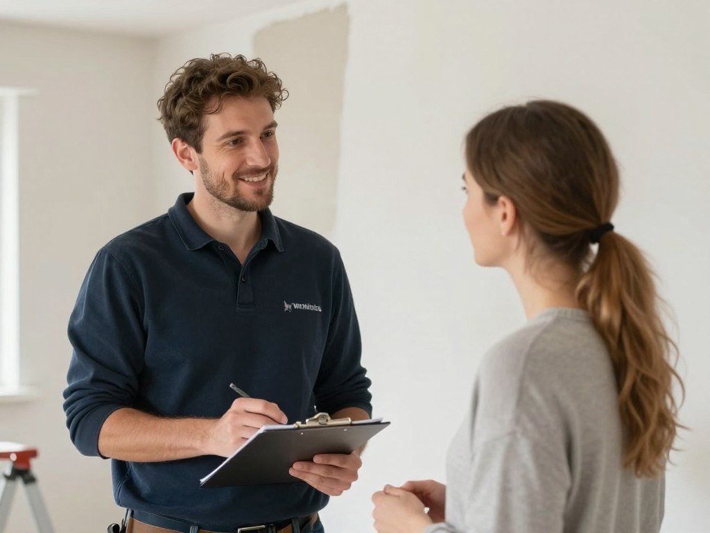 Beratungsgespräch zwischen Werklotse-Mitarbeiter und Hauseigentümer vor Ort