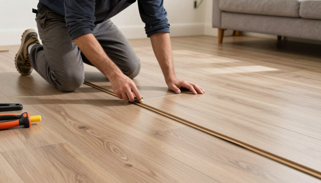 Bodenleger installiert Vinylboden in Wohnzimmer, präzise Verlegung mit modernen Werkzeugen Bodenleger installiert Vinylboden in Wohnzimmer, präzise Verlegung mit modernen Werkzeugen