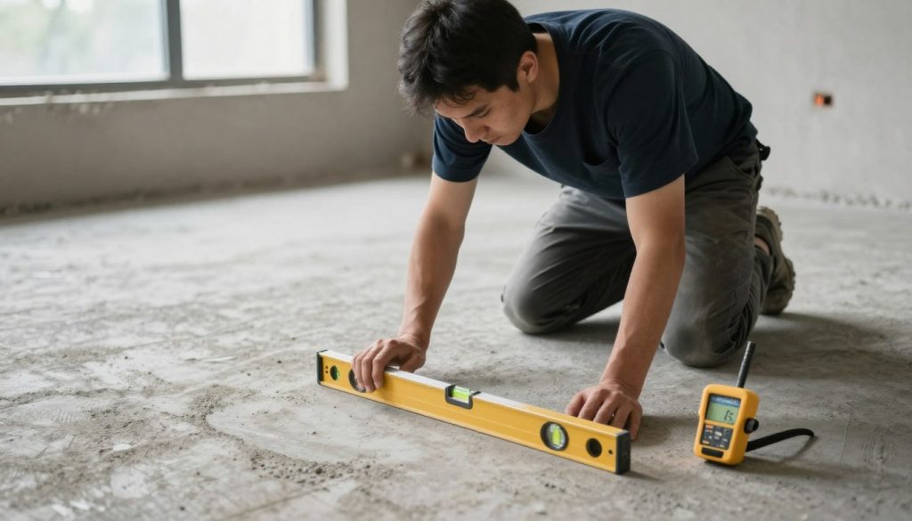 Bodenleger prüft Estrich-Untergrund mit Wasserwaage und Feuchtigkeitsmessgerät vor Verlegung Bodenleger prüft Estrich-Untergrund mit Wasserwaage und Feuchtigkeitsmessgerät vor Verlegung