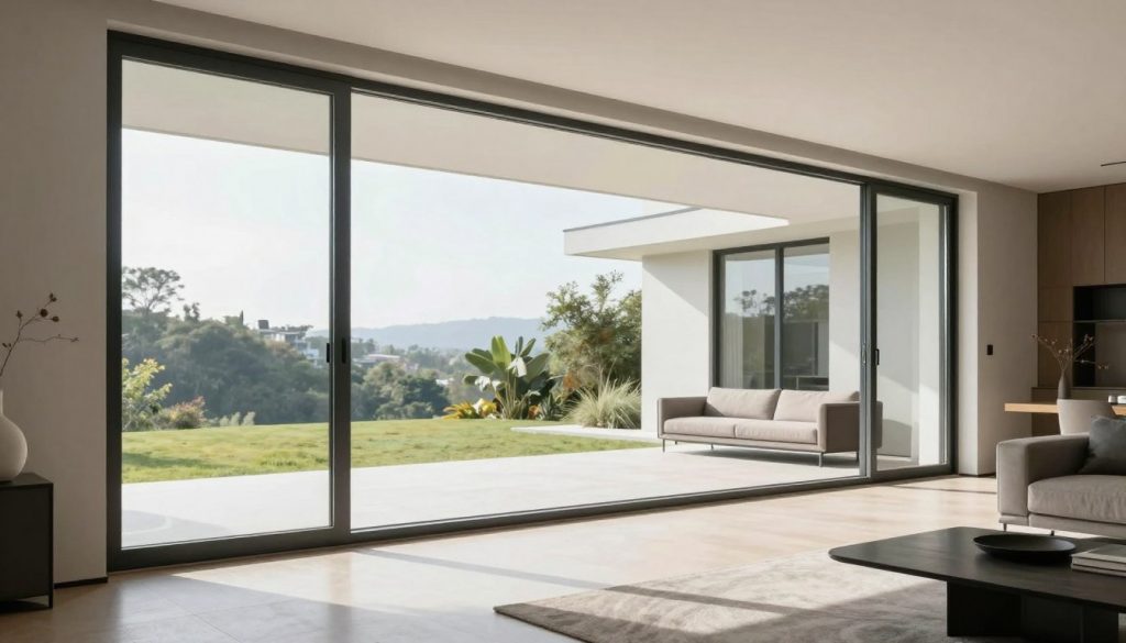 Bodentiefes Aluminium-Schiebefenster im Wohnzimmer Bodentiefes Aluminium-Schiebefenster im Wohnzimmer