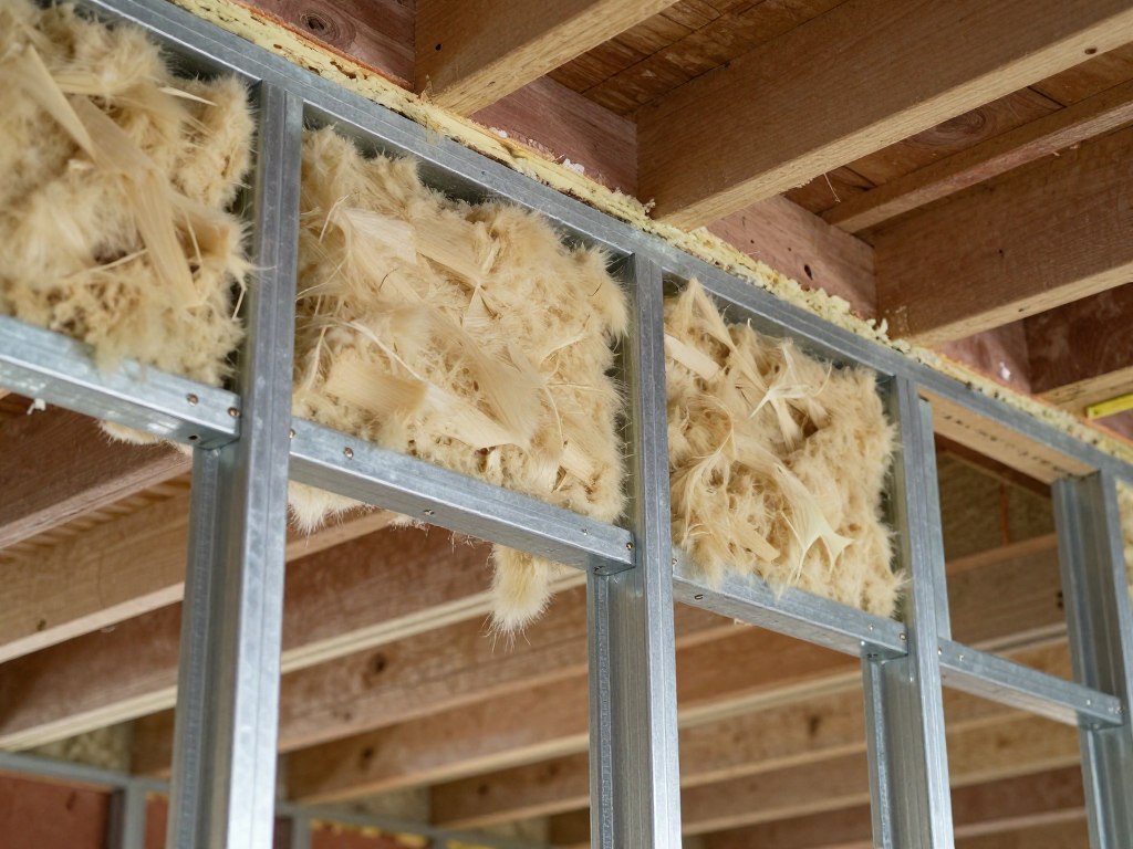 Detailansicht Trockenbau Unterkonstruktion mit Metallprofilen und Dämmung