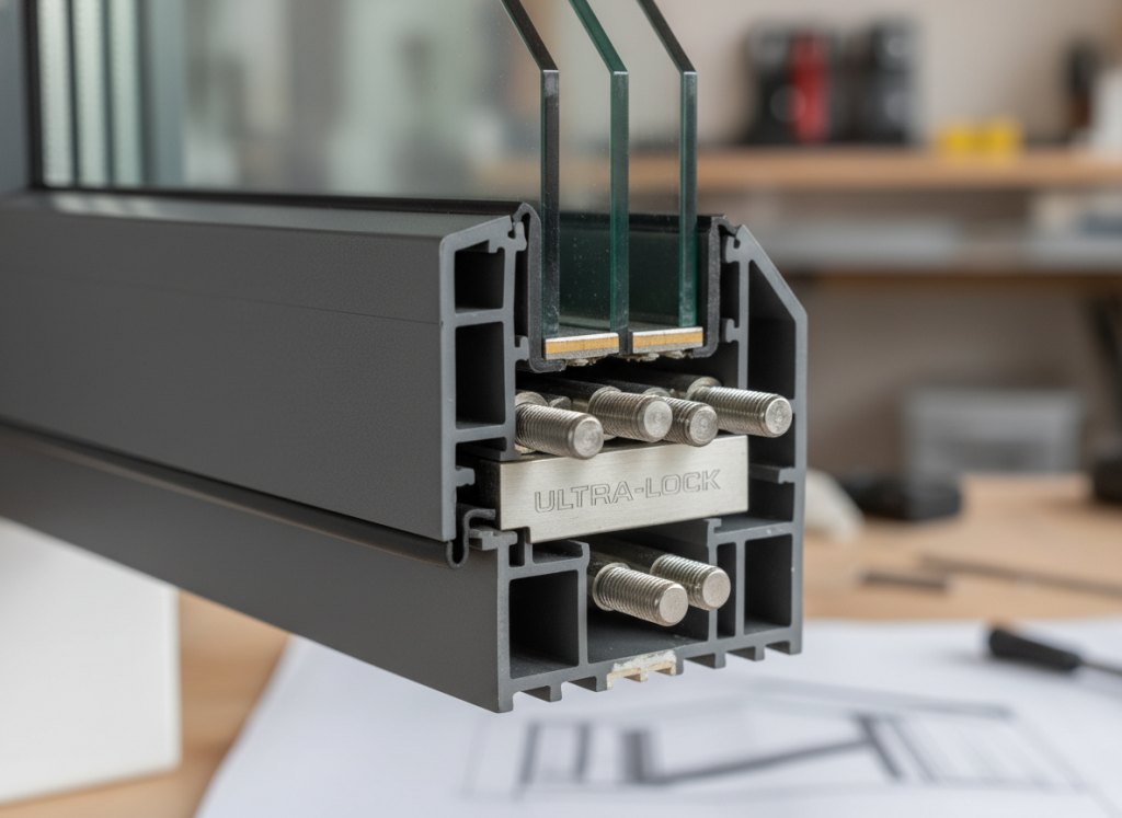 Detailansicht moderner Fensterdichtungen und Beschläge