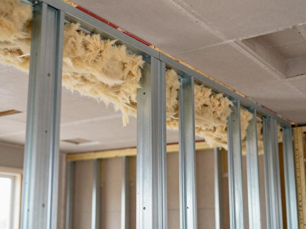 Detailaufnahme Metallständerwerk für Trockenbau mit Dämmung zwischen den Profilen Detailaufnahme Metallständerwerk für Trockenbau mit Dämmung zwischen den Profilen