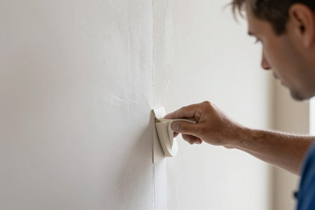 Detailaufnahme Spachtelarbeiten an Gipskartonplatten-Fugen durch Trockenbauer