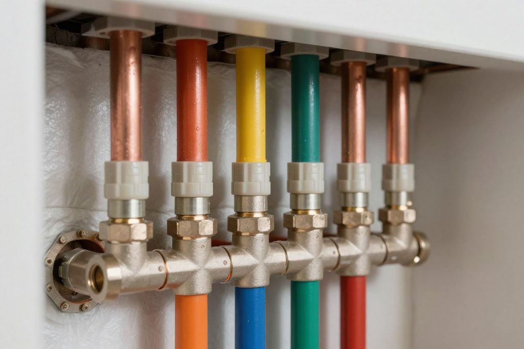Detailaufnahme moderner Heizungsrohrleitungen mit professioneller Installation
