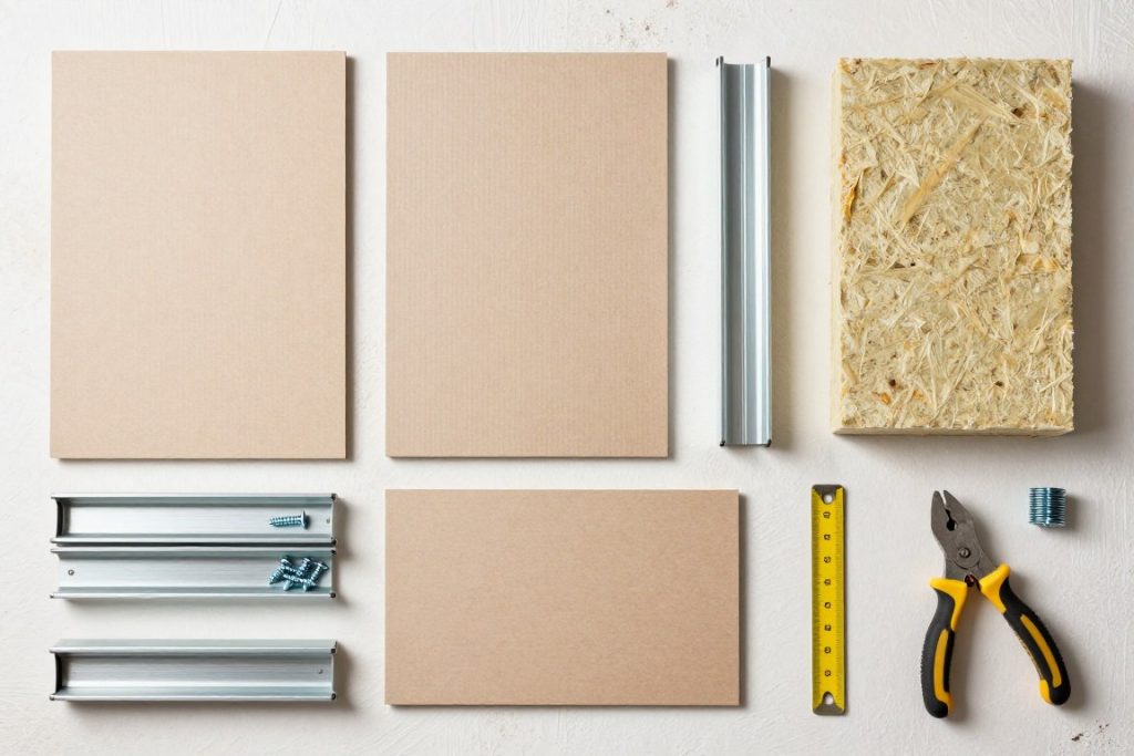 Detailaufnahme verschiedener Trockenbau-Materialien und Werkzeuge