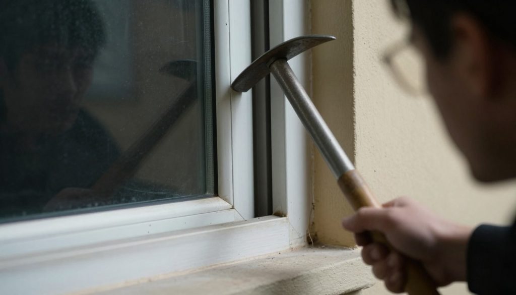 Einbruchversuch an einem Fenster mit Hebelwerkzeug Einbruchversuch an einem Fenster mit Hebelwerkzeug
