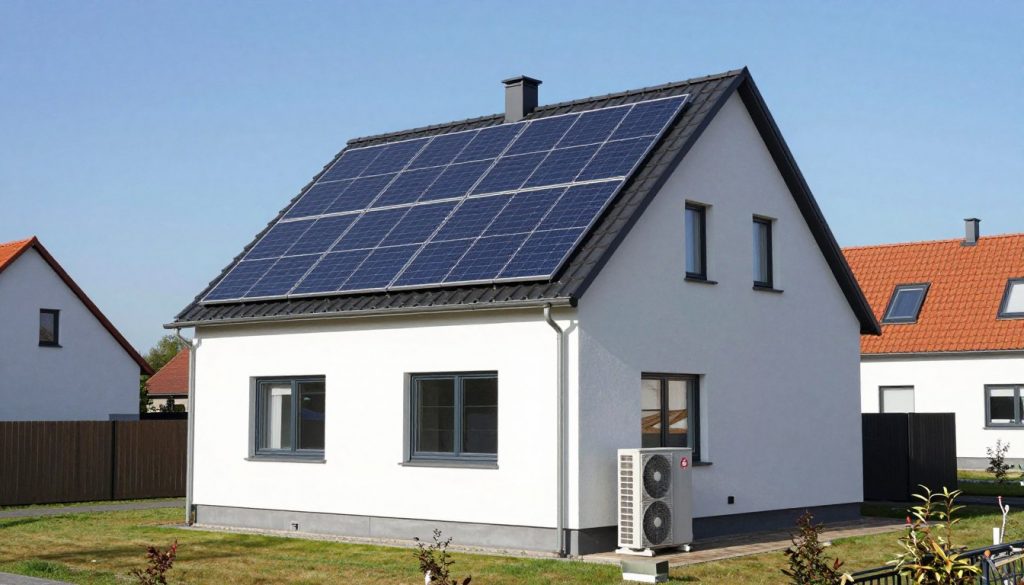 Einfamilienhaus mit Photovoltaikanlage auf Dach und Wärmepumpe kombiniert Einfamilienhaus mit Photovoltaikanlage auf Dach und Wärmepumpe kombiniert