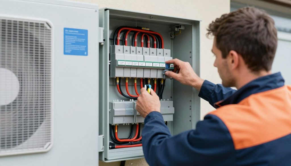 Elektriker installiert Stromkreis für Wärmepumpe im Zählerschrank Elektriker installiert Stromkreis für Wärmepumpe im Zählerschrank