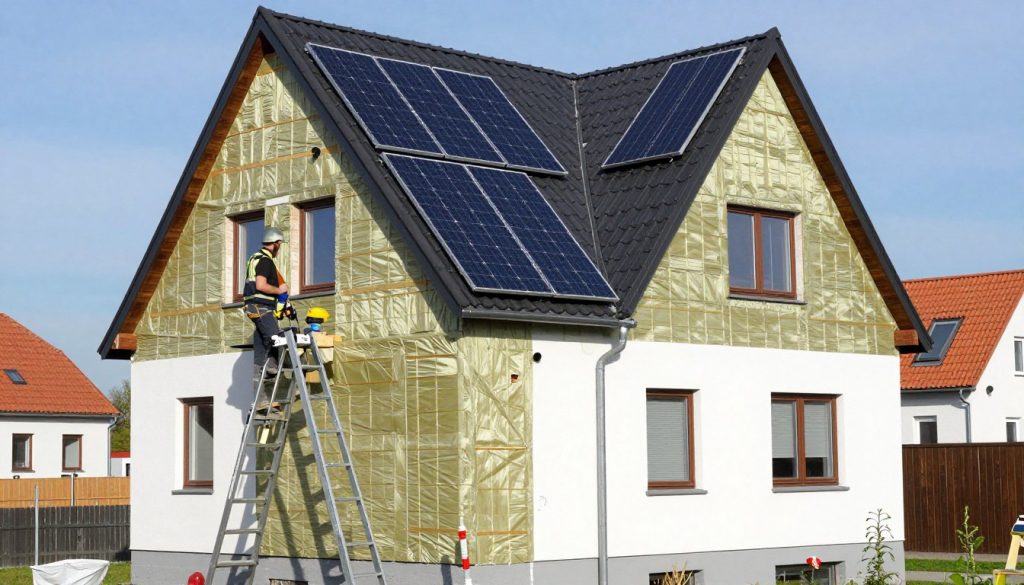 Energetische Sanierung mit Dämmung der Außenfassade und Installation von Solarmodulen