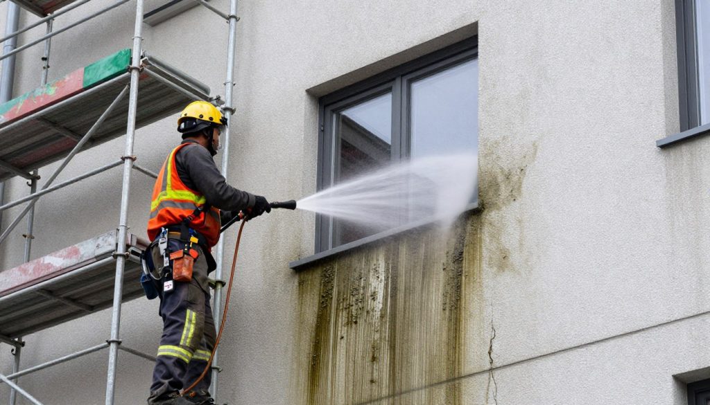 Fassadenreinigung Hamburg: Facharbeiter bei Hochdruckreinigung verschmutzter Außenfassade Fassadenreinigung Hamburg: Facharbeiter bei Hochdruckreinigung verschmutzter Außenfassade
