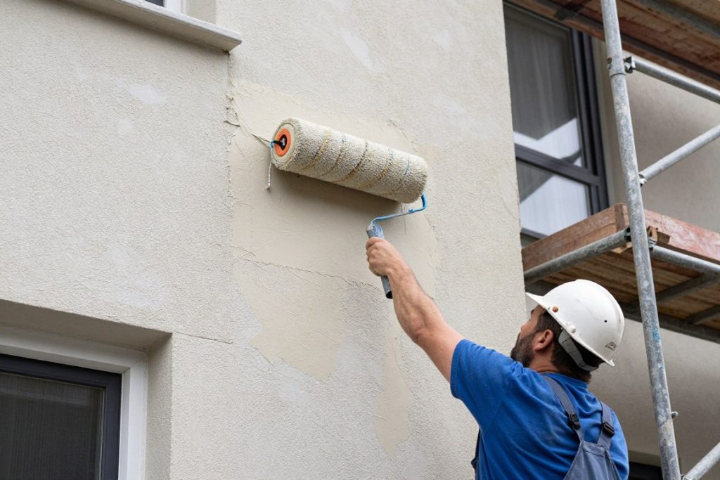 Fassadenverputz mit Strukturrolle aufgetragen