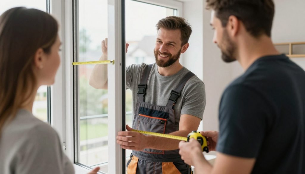 Fensterbauer bei Beratung vor Ort in Bremerhaven, Handwerker misst Fensteröffnung, persönliche Vor-Ort-Beratung für Fenstertausch