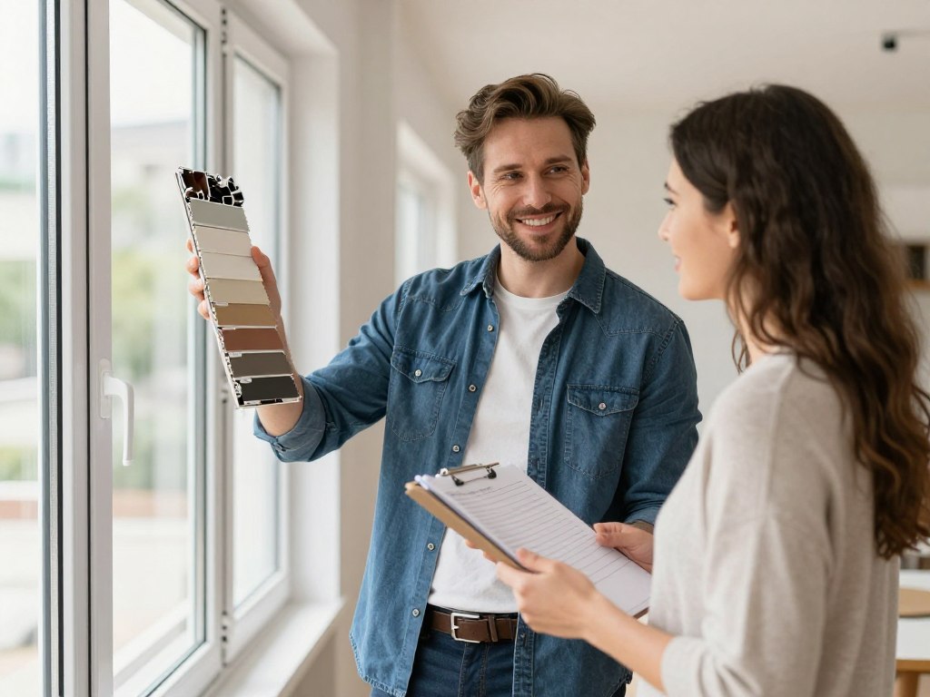 Fensterbauer bei der Beratung vor Ort in Syke mit Farbmustern und Materialproben