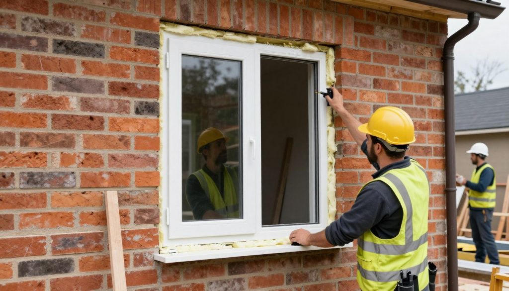 Fensterbauer bei der fachgerechten Montage neuer Fenster nach RAL-Standard mit Dämmung