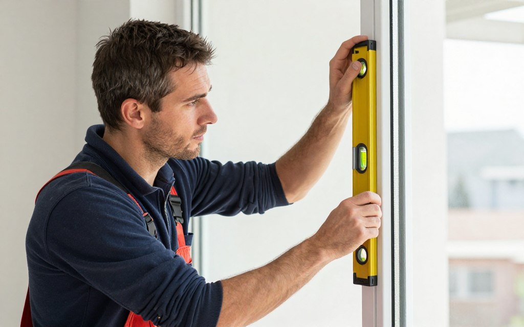 Fensterbauer beim präzisen Ausrichten mit Wasserwaage Fensterbauer beim präzisen Ausrichten mit Wasserwaage