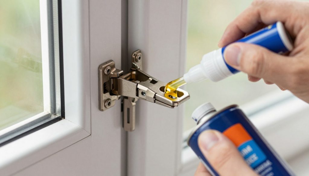 Fensterpflege Wartung, Beschläge werden mit Öl gepflegt, Hand ölt Fenster-Scharniere, Wartung Fenster für lange Lebensdauer