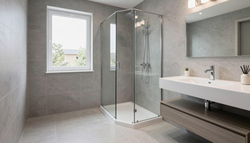 Fertiges Badezimmer mit modernen großformatigen Badfliesen nach abgeschlossenen Fliesenarbeiten Fertiges Badezimmer mit modernen großformatigen Badfliesen nach abgeschlossenen Fliesenarbeiten