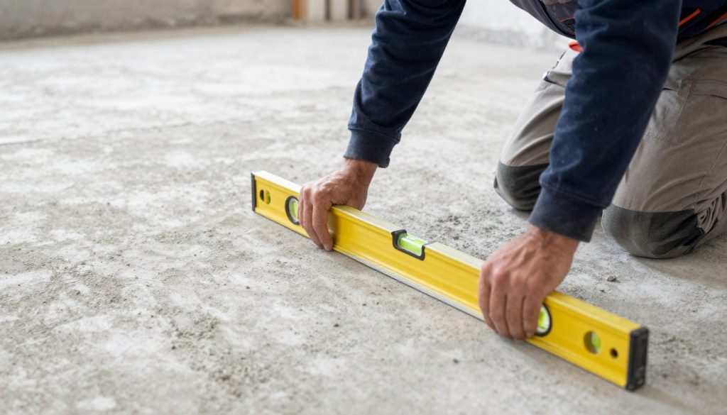 Fliesenleger prüft Untergrund mit Wasserwaage Syke