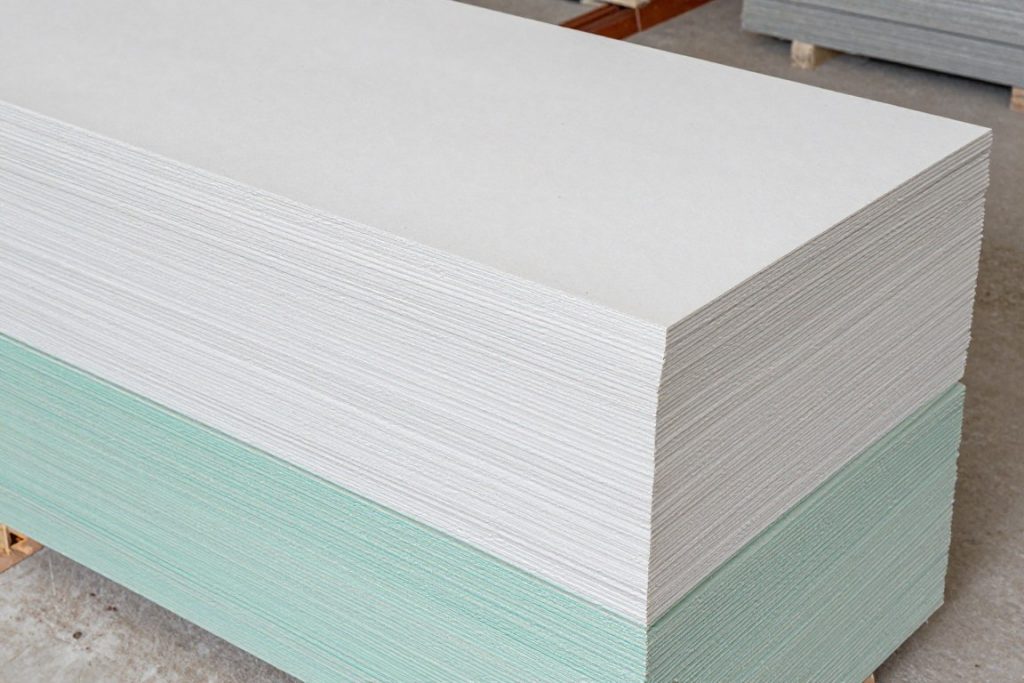 Gestapelte Gipskartonplatten verschiedener Typen auf Trockenbau-Baustelle