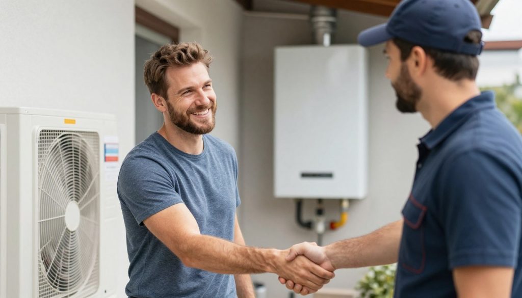 Glücklicher Hausbesitzer bei Abnahme fertig installierter Wärmepumpe mit Techniker Glücklicher Hausbesitzer bei Abnahme fertig installierter Wärmepumpe mit Techniker