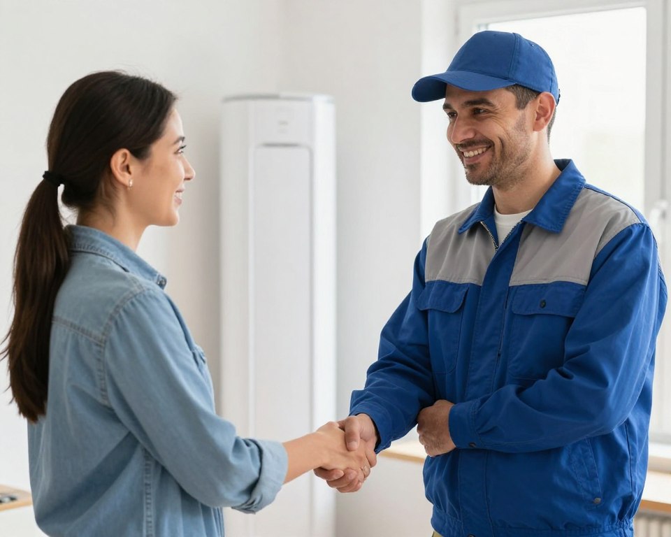 Handschlag zwischen Hausbesitzer und Heizungsbauer nach erfolgreicher Vermittlung durch Werklotse Handschlag zwischen Hausbesitzer und Heizungsbauer nach erfolgreicher Vermittlung durch Werklotse