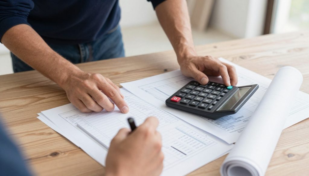 Handwerker erstellt Kostenvoranschlag für Bodenverlegung mit Taschenrechner