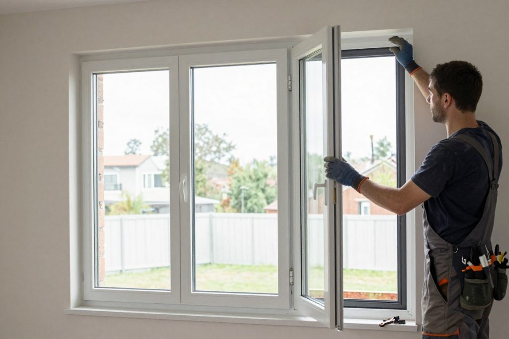 Handwerker installiert moderne Dreifachverglasung während einer energetischen Sanierung Handwerker installiert moderne Dreifachverglasung während einer energetischen Sanierung