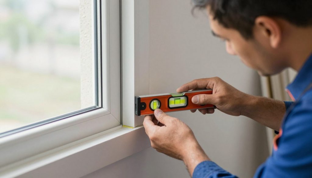 Handwerker prüft Fensterausrichtung mit Wasserwaage Handwerker prüft Fensterausrichtung mit Wasserwaage