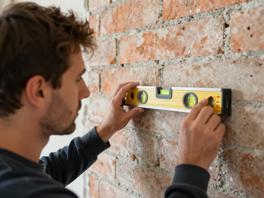 Handwerker prüft Mauerwerk-Qualität mit Wasserwaage bei Sanierung in Achim
