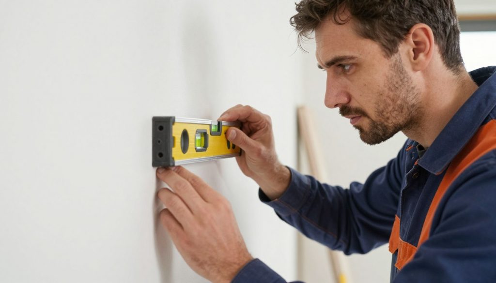 Handwerker prüft Qualität der Arbeiten mit Wasserwaage Handwerker prüft Qualität der Arbeiten mit Wasserwaage