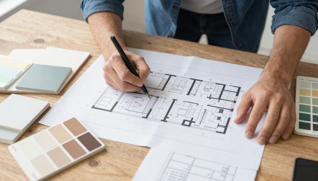 Hausbesitzer plant Renovierung mit Grundriss und Materialmustern