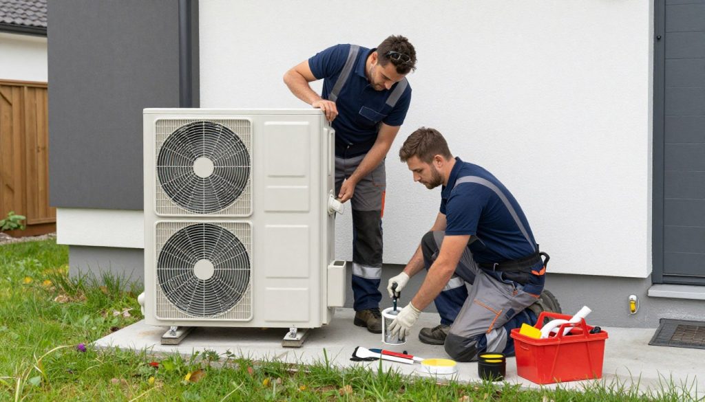 Heizungsbauer SHK Installateur Team bei der Installation einer Wärmepumpe in Bremervörde