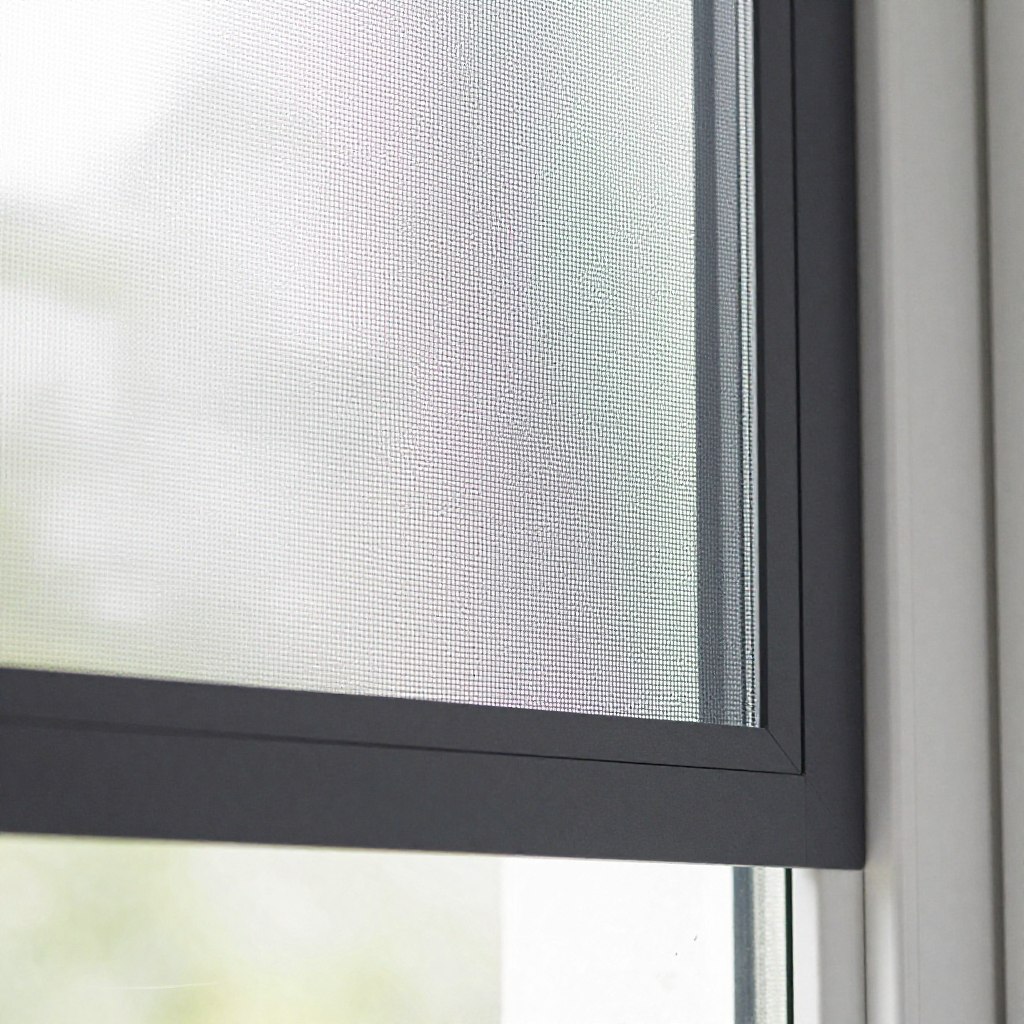 Insektenschutz Spannrahmen anthrazit am Fenster montiert Detailansicht