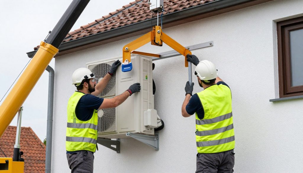 Installation Wärmepumpe Außeneinheit wird von Installateuren montiert in Bremen