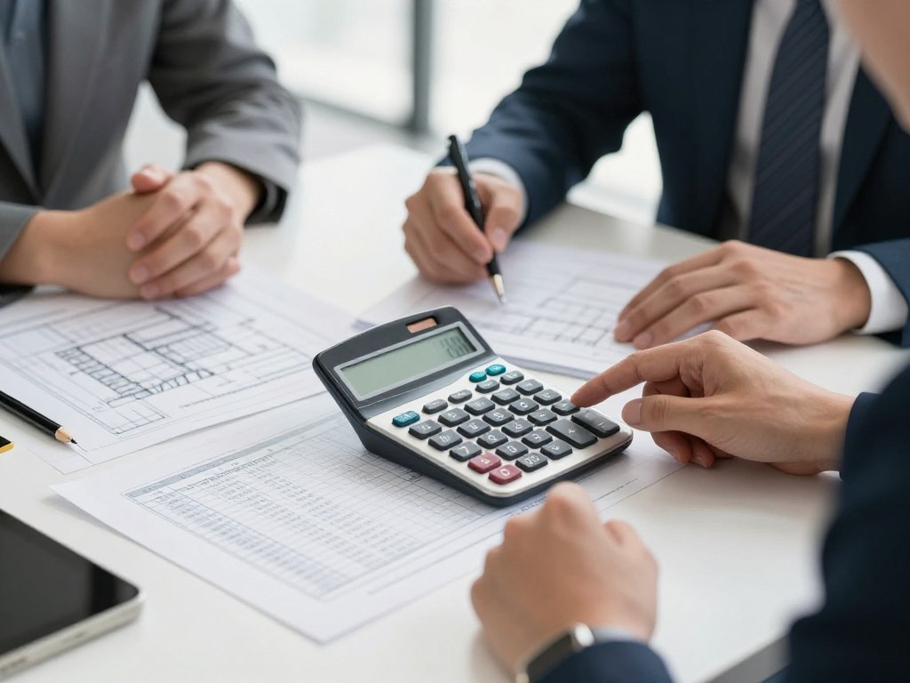 Kostenaufstellung für Handwerkerleistungen, Taschenrechner und Bauplan in Bremervörde
