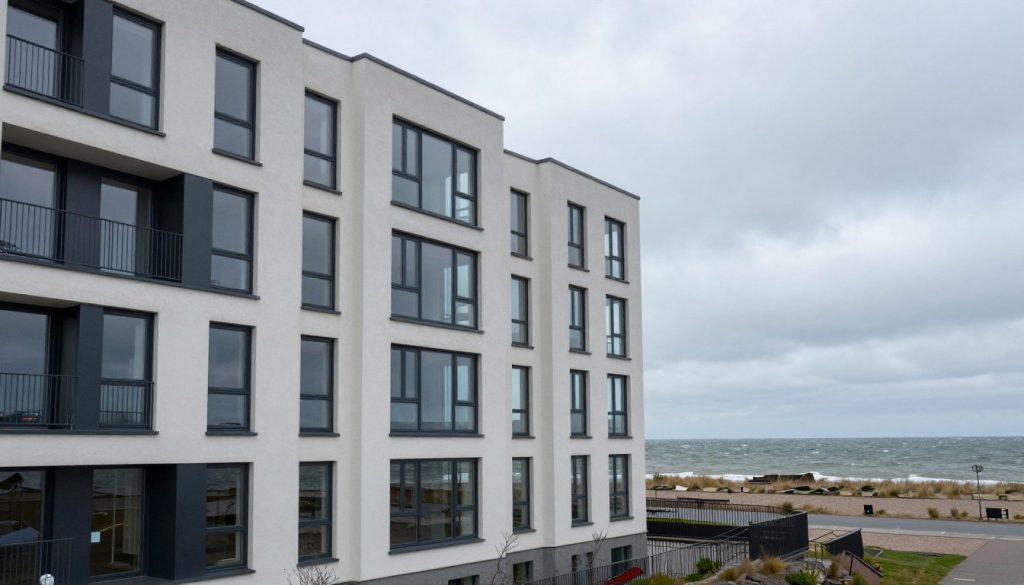 Küstenarchitektur Bremerhaven mit modernen Fenstern, Wohnhaus an der Nordsee mit Wind- und Wetterschutz, maritime Lage