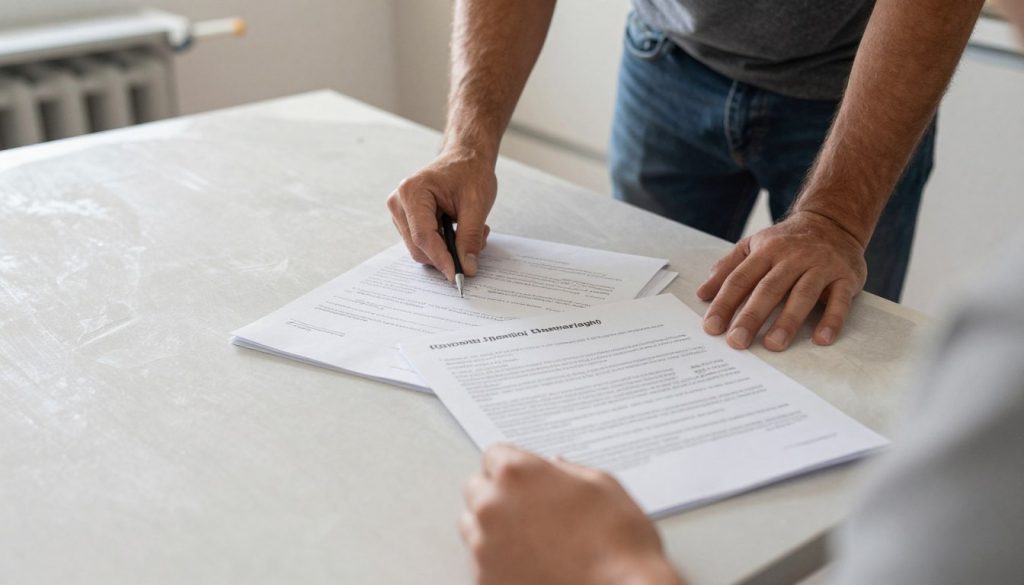 Kunde vergleicht mehrere Angebote für Verputzarbeiten am Tisch Kunde vergleicht mehrere Angebote für Verputzarbeiten am Tisch