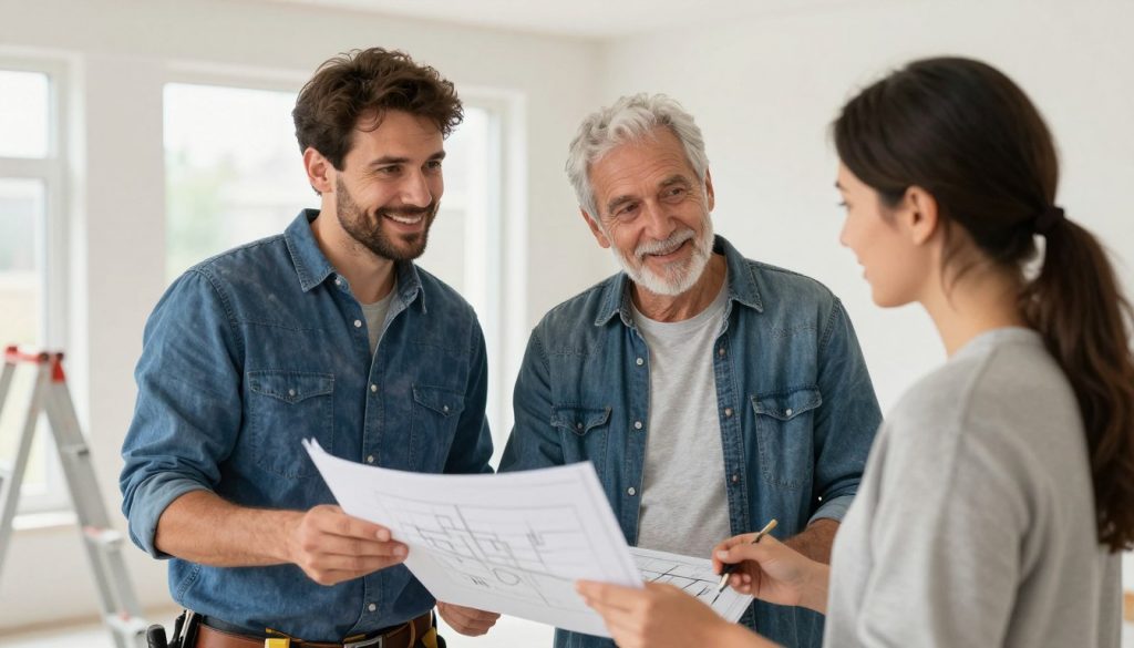 Kundengespräch zwischen Verputzer und Hausbesitzer