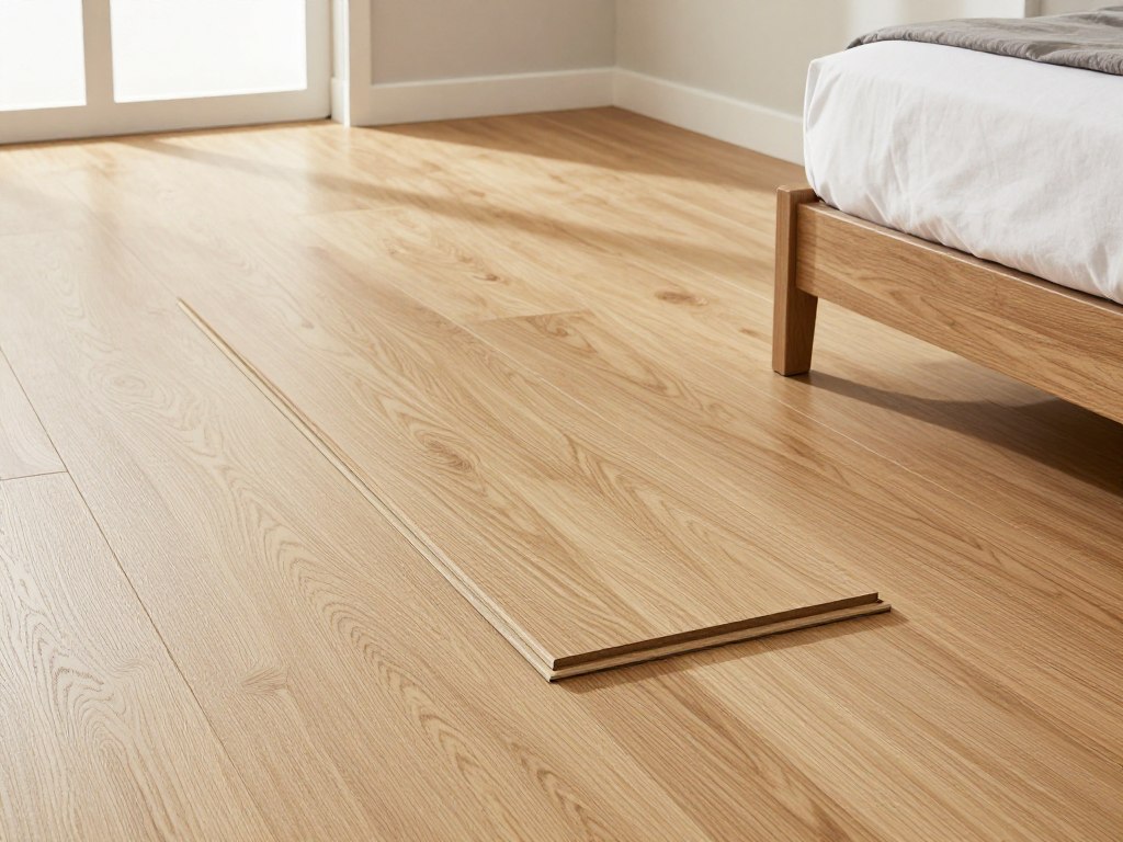 Laminatboden in Eichenoptik verlegt im Schlafzimmer, Click-System sichtbar Laminatboden in Eichenoptik verlegt im Schlafzimmer, Click-System sichtbar