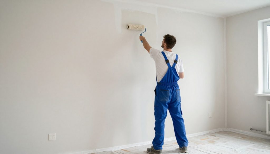 Maler streicht frisch verputzte Wände in Innenraum