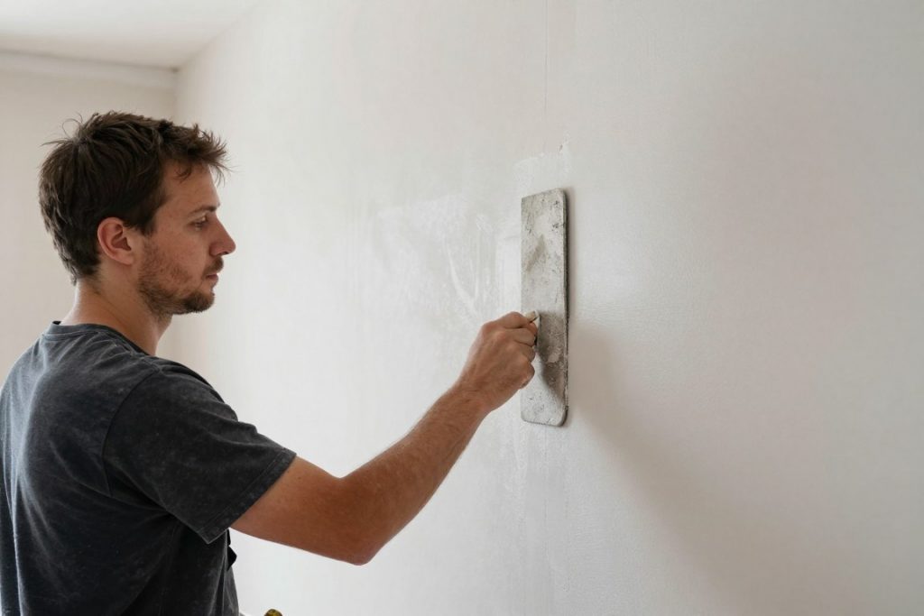 Maurer bei Putzarbeiten an Innenwand