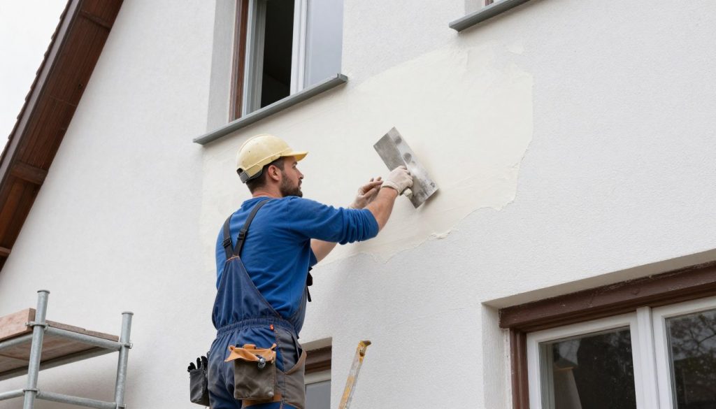 Maurer beim Auftragen von Außenputz an Fassade