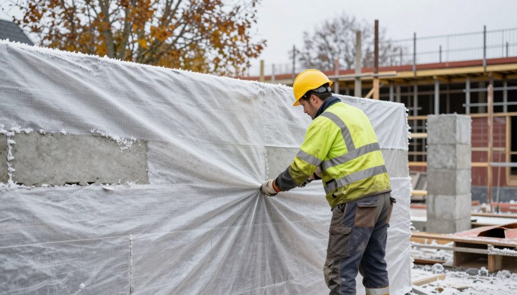 Maurer schützt frisches Mauerwerk vor Frost mit einer Plane Maurer schützt frisches Mauerwerk vor Frost mit einer Plane
